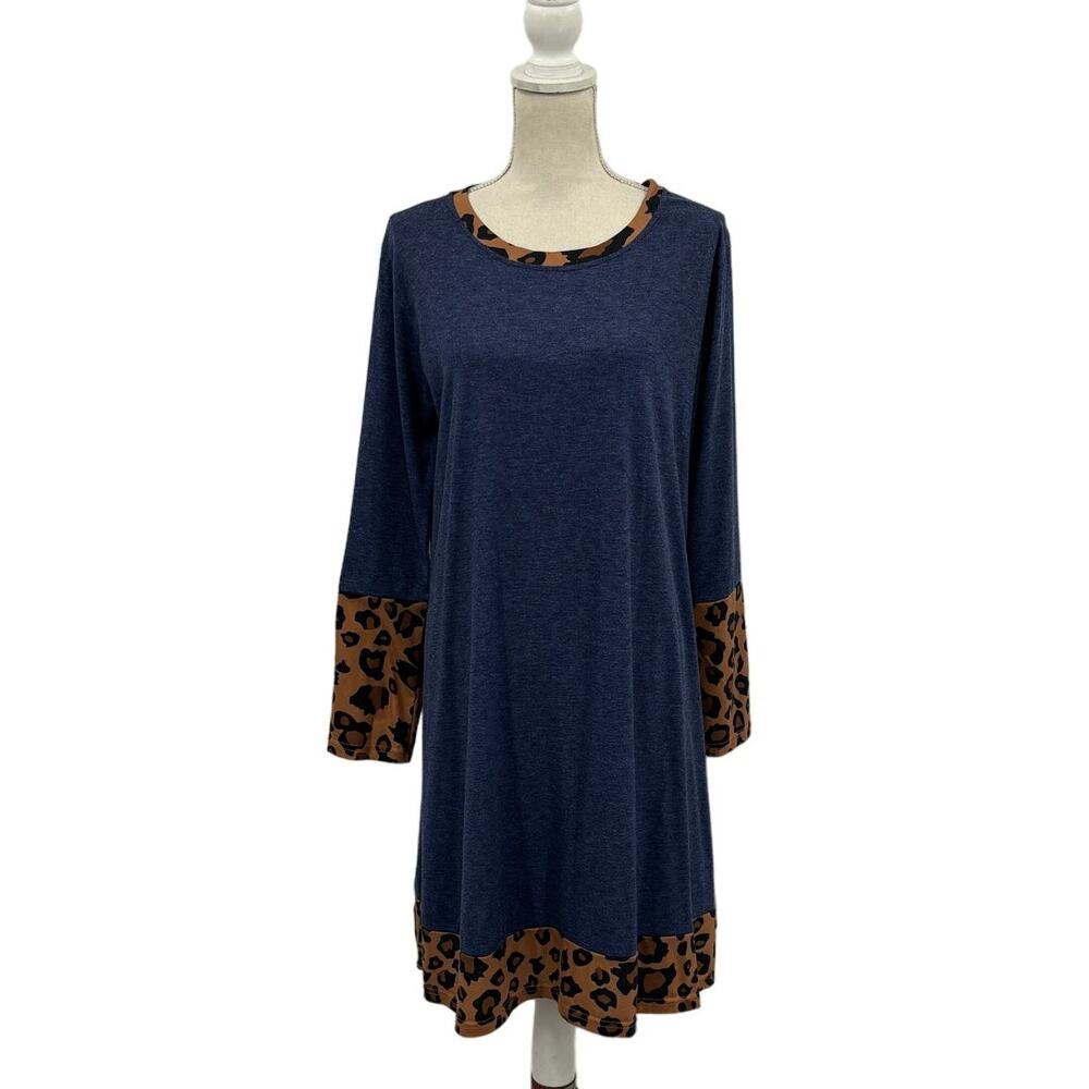 Leopard Trim Tunic Dress XL Blue Long Sleeve Casual Fall Style